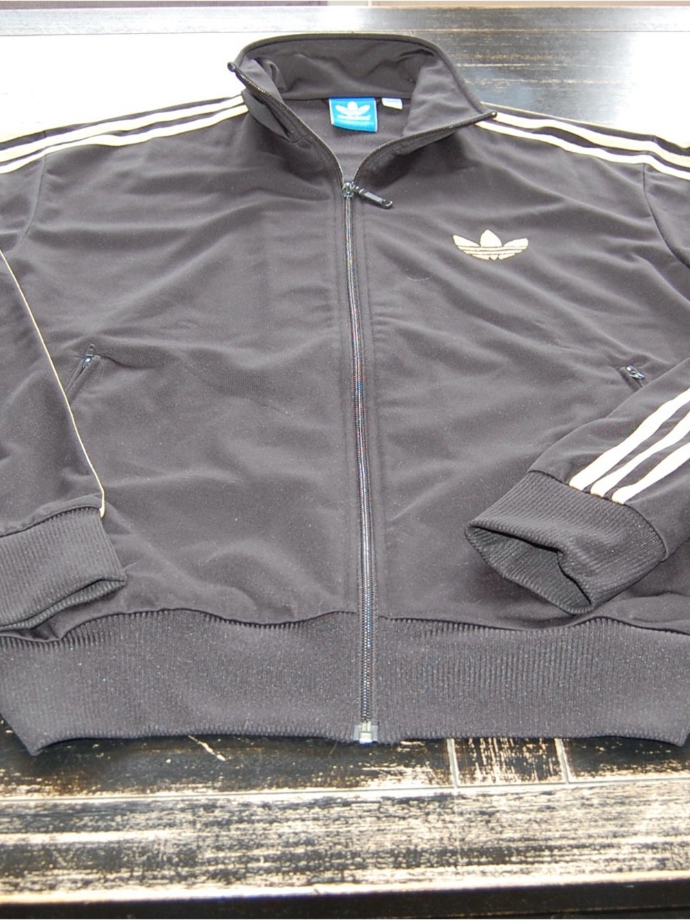 adidas Black Track Jacket with Gold Stripes and Trefoil size L